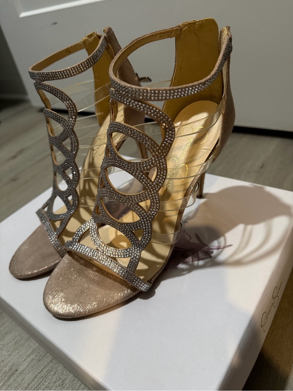 Jessica Simpson Shimmery Taupe Open-Toe Crystal Strap Heels